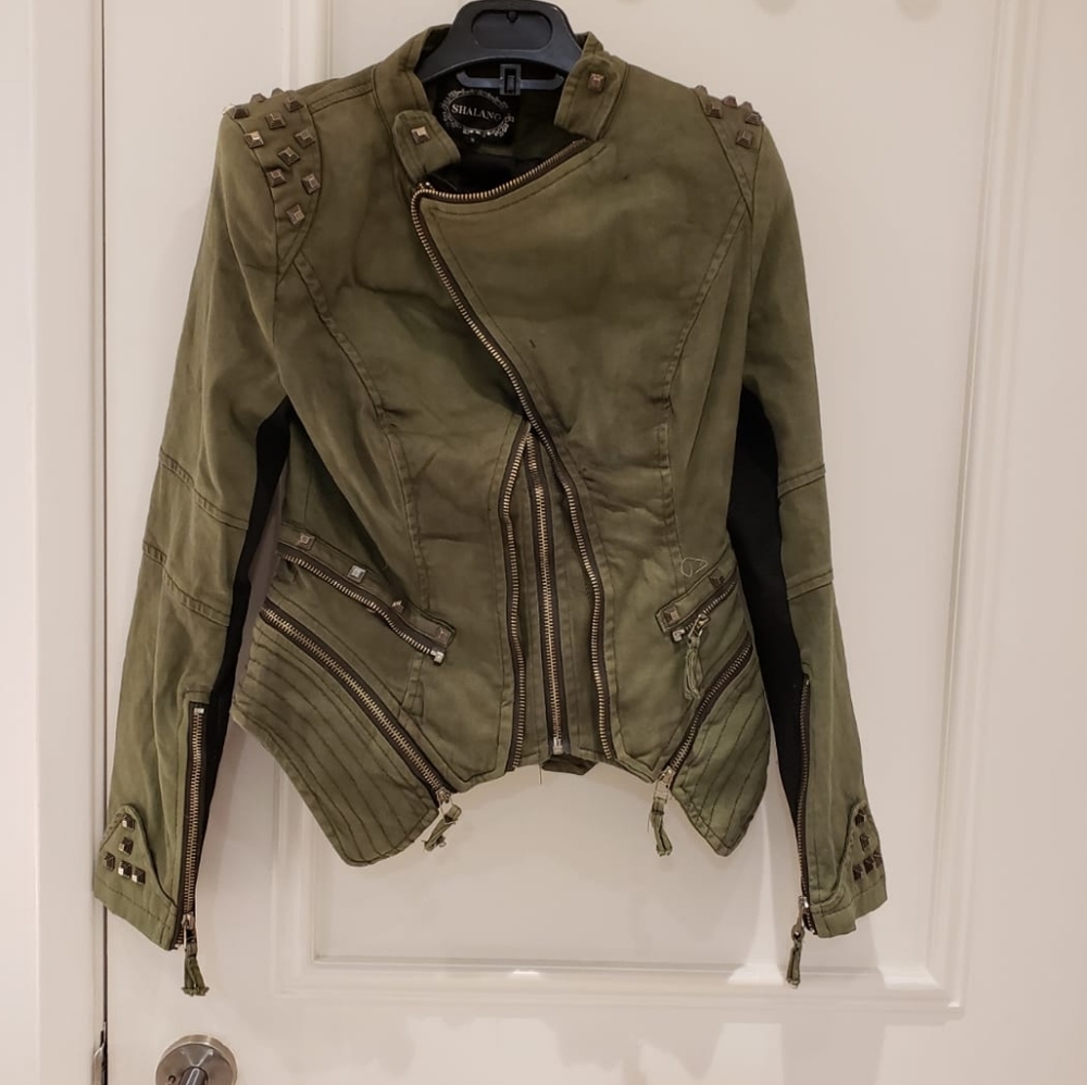 Biker green jean jacket with zips and metal studs